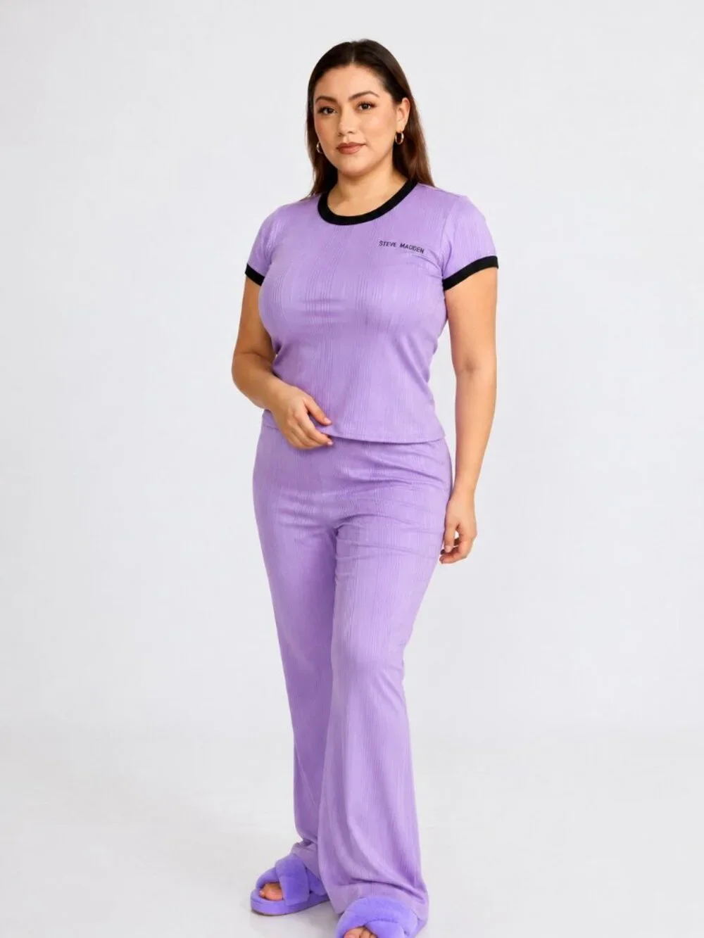 Steve Madden Ribbed Pajama Set, Short Sleeve Top & Pants Lounge Set Color Lila